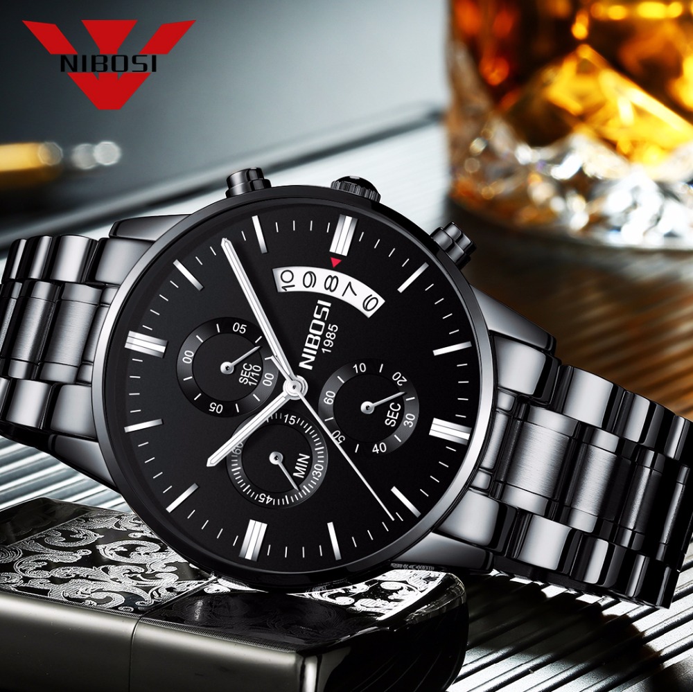 Luxury Watch All Black - NIBOSI Stainless Steel Black Quartz Watch